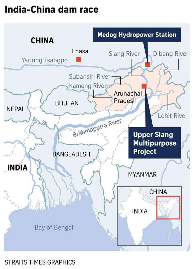 Map tracing the Yarlung Tsangpo from Tibet into India, marking Medog and the Upper Siang project. Detail in caption.
